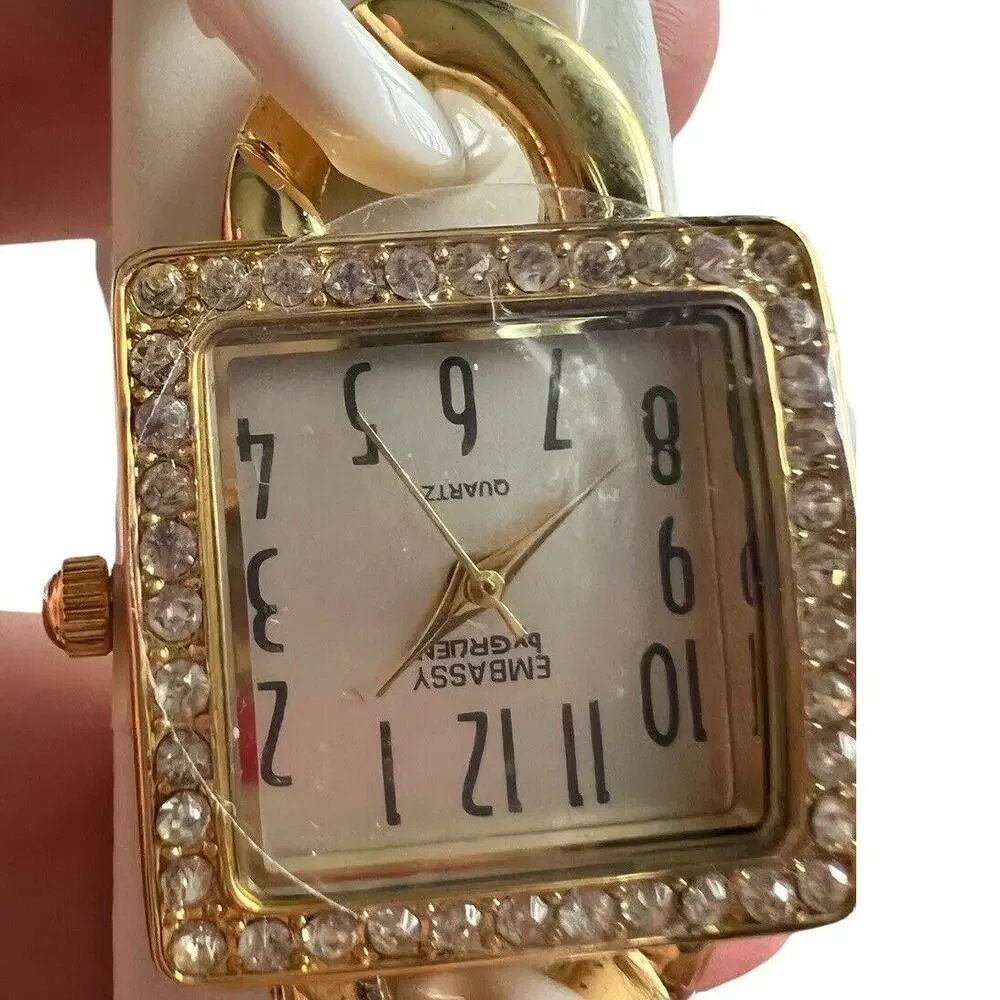 Embassy by Gruen Women's Watch Gold White Chain Link Cuff Rhinestone Square NIB